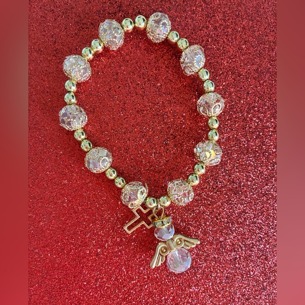 Glass bead Gold clear Beaded  stretch Bracelet with Cross and Angel Charm